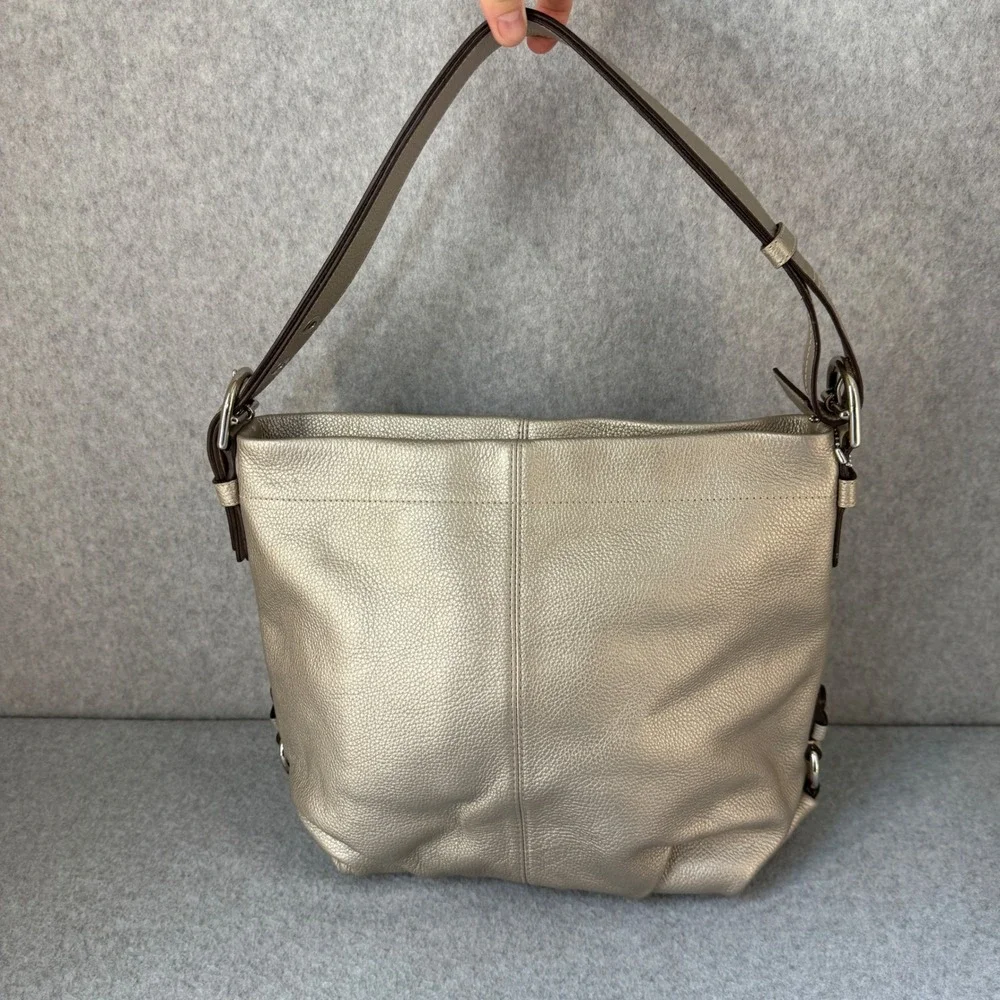 Coach F15064 Metallic Silver Pebbled Leather Bag Shoulder  Hobo‎ Designer Womens